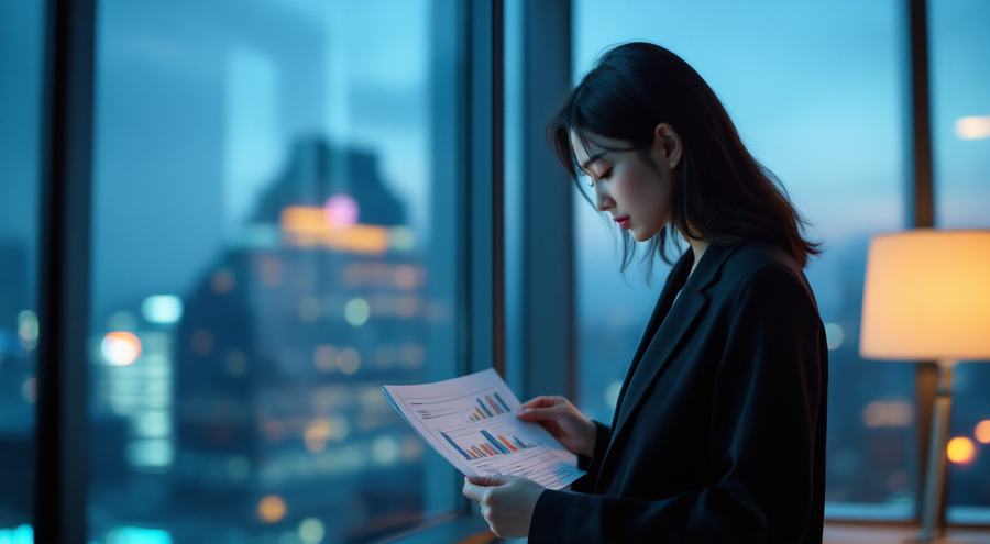 저녁 사무실에서 차트를 들여다보는 사람